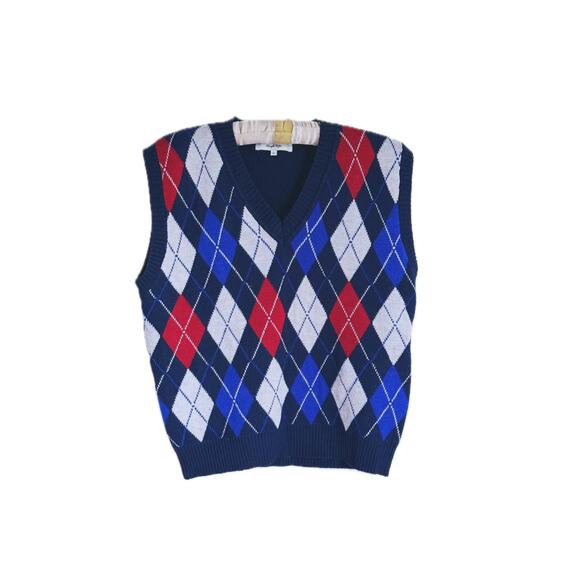 Simply Retro Argyle Knit Sweater Vest Blue Red White Medium - Picture 2 of 8